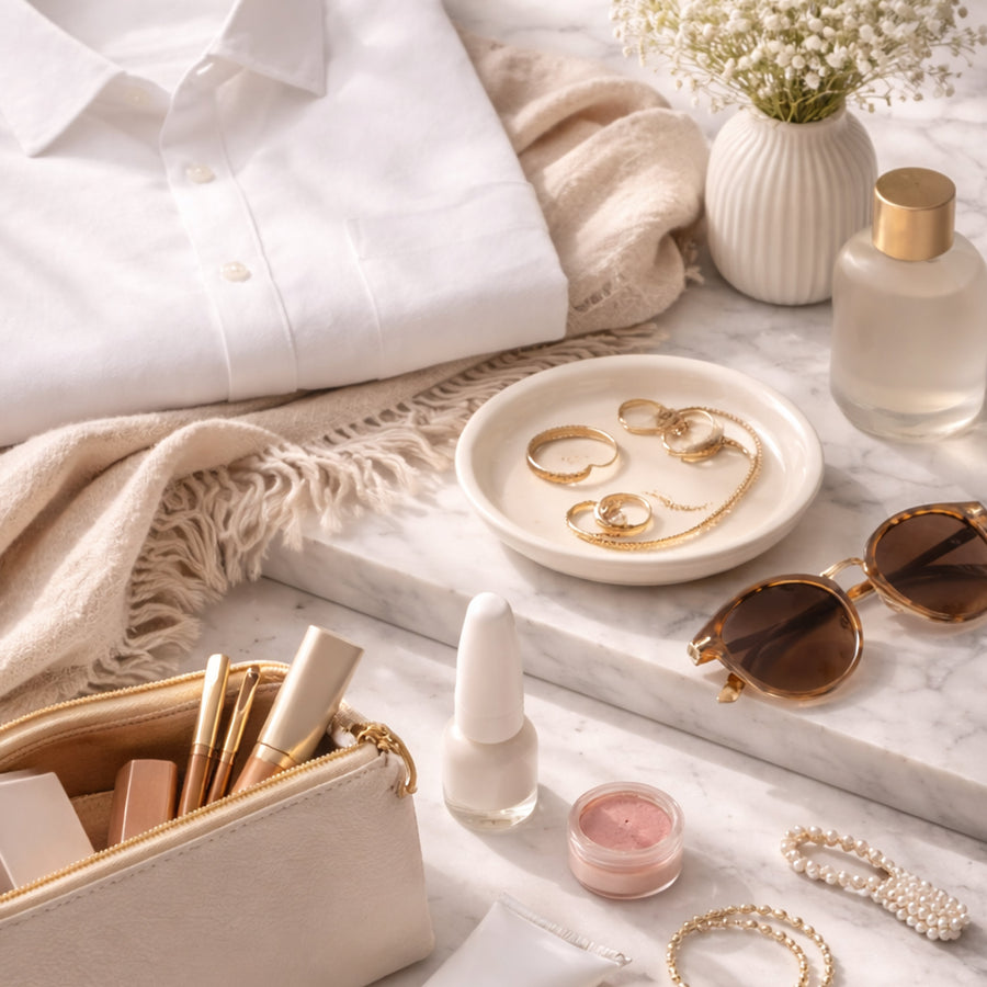 Flat-lay of four unisex niche fragrances with citrus, sandalwood and clean musks, matching the Molecule No. 8, Bois Impérial, Orange X Santal and Et Voilà review.