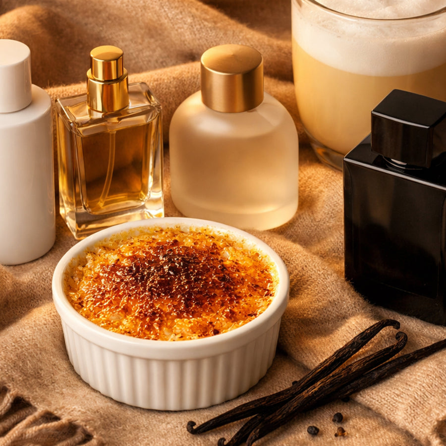 Cover flatlay for niche gourmand vanilla perfume comparison with milky vanilla and crème brûlée dessert notes