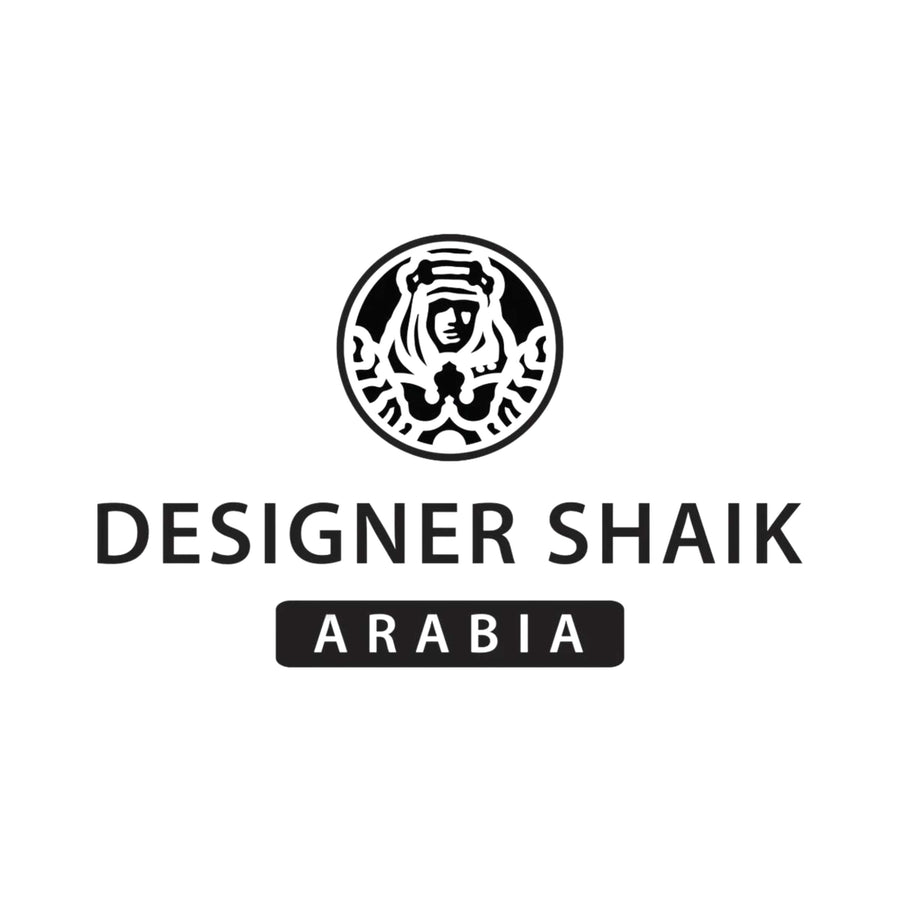 Designer Shaik logo, displaying a stylish and intricate calligraphy design. The logo embodies the brand's roots in Arabian elegance and the pursuit of creating luxurious, unique fragrances.